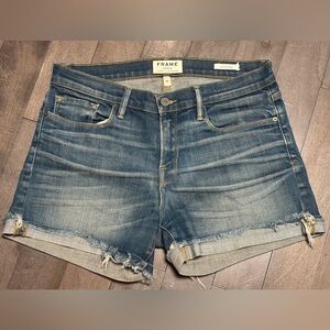 FRAME Le Cutoff Short Women’s Size 28 Denim Shorts Raw Hem Distressed Blue